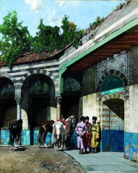 Trois Cosques Dans Une Cour De Palais Oil Painting by Alberto Pasini