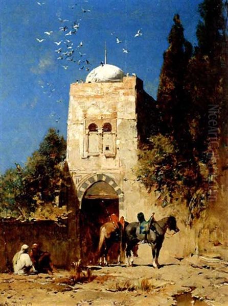 Arabs Resting Outside A Mosque Oil Painting by Alberto Pasini