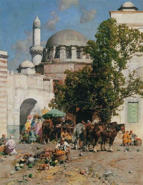 A Market Outside The City Gate Oil Painting by Alberto Pasini