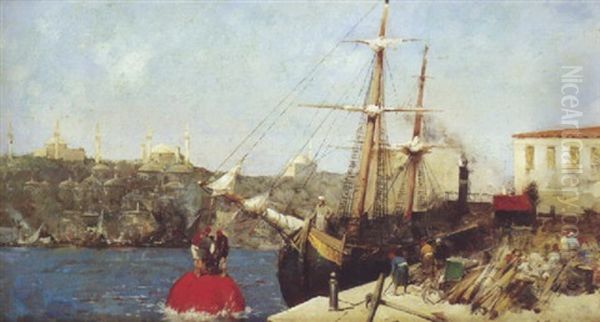 L'amarrage Du Navire Sur Le Bosphore Oil Painting by Alberto Pasini