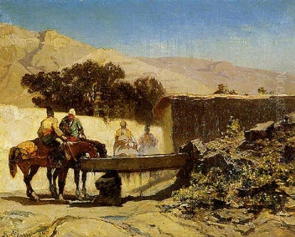 Chevaux Arabes A L'abreuvoir Oil Painting by Alberto Pasini