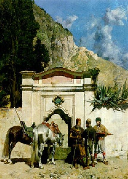 Arabs Watering Their Horses By A Well Oil Painting by Alberto Pasini