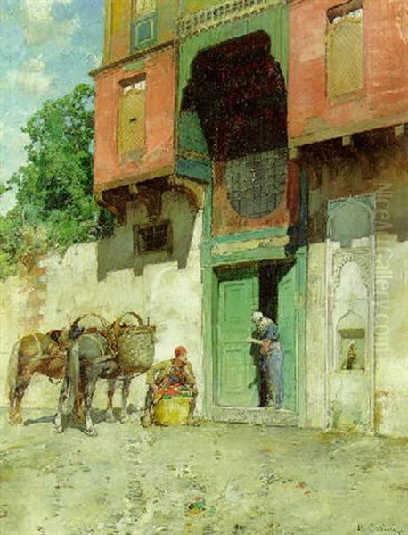 Turkish Figures By A Doorway Oil Painting by Alberto Pasini