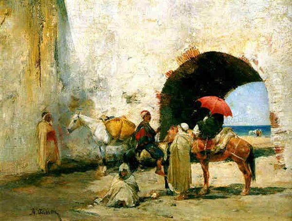 Figures In A Courtyard Before The Sea Oil Painting by Alberto Pasini