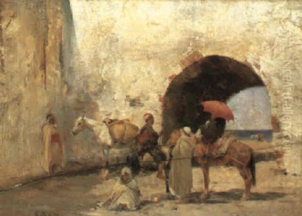 Figures In A Courtyard Before The Sea Oil Painting by Alberto Pasini