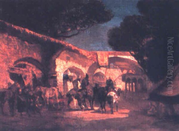 Arabmen And Horses In A Courtyard Oil Painting by Alberto Pasini