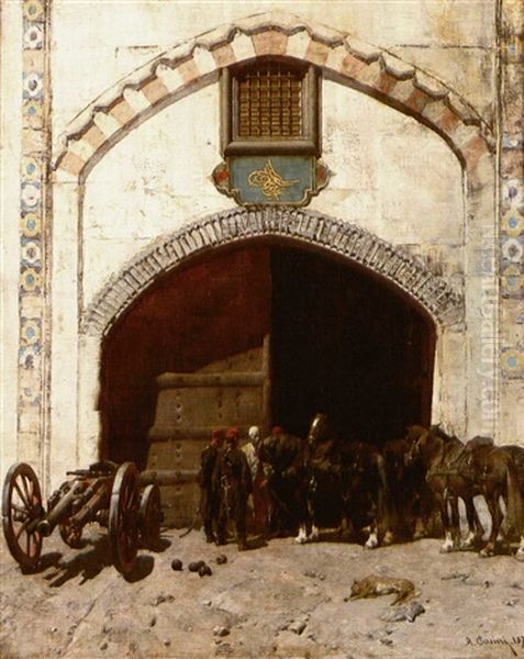 Soldiers At The Entrance To A Fort Oil Painting by Alberto Pasini