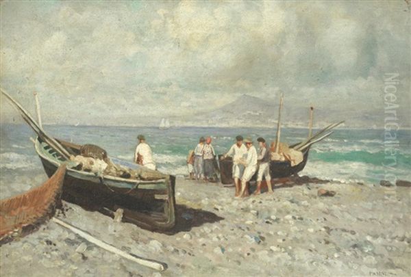 Neapolitan Coastal Scenes; A Pair Oil Painting by Lazzaro Pasini