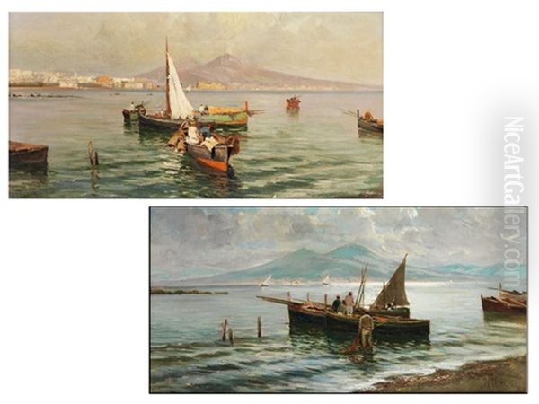 Bucht Von Neapel Mit Fischerbooten (+ Another; Pair) Oil Painting by Lazzaro Pasini