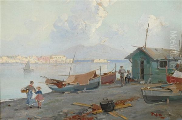 Neapolitan Coastal Town Oil Painting by Lazzaro Pasini