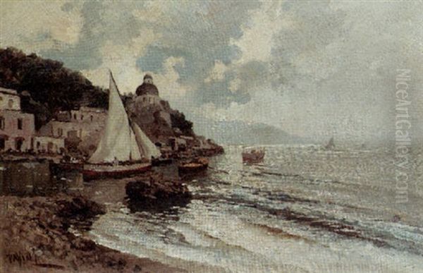 A Coastal View Oil Painting by Lazzaro Pasini