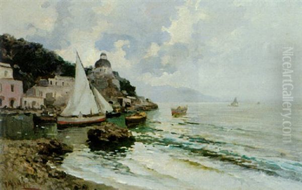 A Coastal View Oil Painting by Lazzaro Pasini