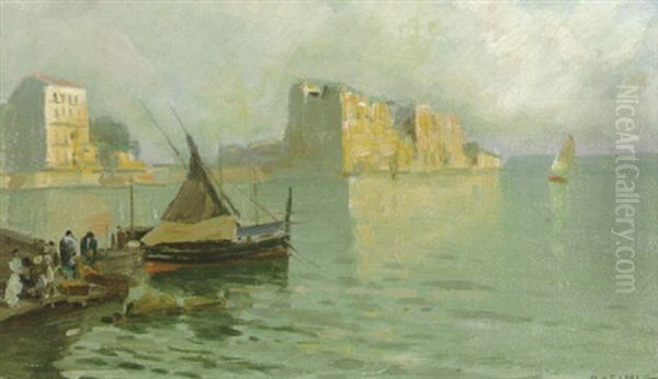 A Neapolitan Coastal Scene With A Fishing Boat And Figures In A Quay In The Foreground Oil Painting by Lazzaro Pasini