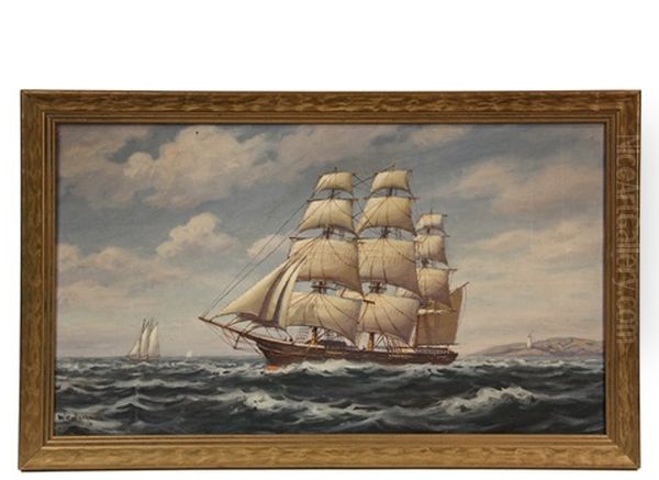 Sailing Bark Passing A Maine Lighthouse Oil Painting by William Frederick Paskell