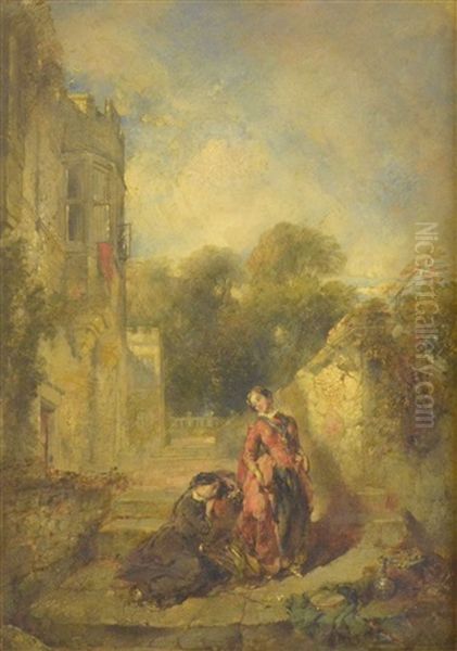 Two Women By A Manor House Oil Painting by Daniel Pasmore the Younger