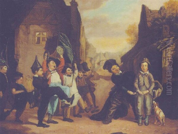 Peasant Children Playing In The Village Streets Oil Painting by Daniel Pasmore the Younger