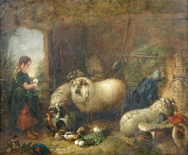 A Shepherdess With Sheep, A Cockerel, Ducks And Hens In A Barn Oil Painting by John F. Pasmore