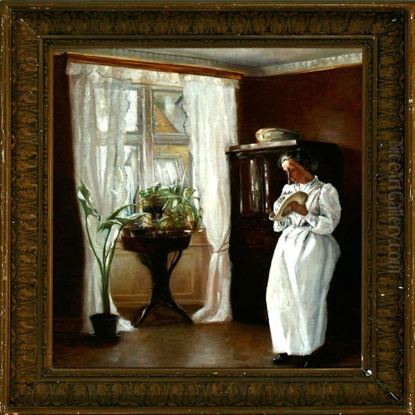 A Young Woman In A White Dress Standing At A Window Oil Painting by Paul Trepka Bloch