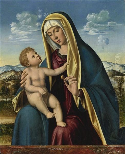 Madonna And Child Before A Pink Granite Ledge, An Extensive Mountainous Landscape Beyond Oil Painting by  Pasqualino da Venezia