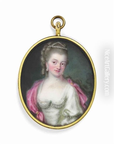 A Lady, Probably Lady Elizabeth Craven Nee Berkeley (1750-1828), In A White Dress Trimmed With Rows Of Pearls, With A Pink Silk Stole Oil Painting by Pierre Pasquier