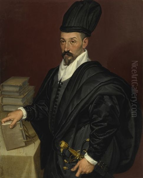 Portrait Of Lope Varona Di Villanahue Of Burgos, Half Length With A Book In His Right Hand Oil Painting by Bartolomeo Passarotti