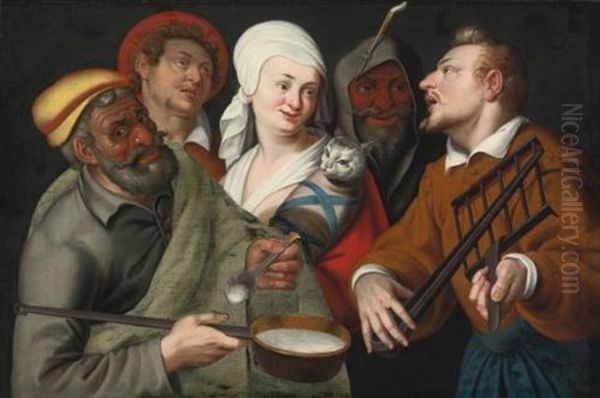 A Lady Holding A Swaddled Cat, A Man With A Pan Of Porridge, Another Playing With Fire Irons And Two Other Male Figures Oil Painting by Bartolomeo Passarotti