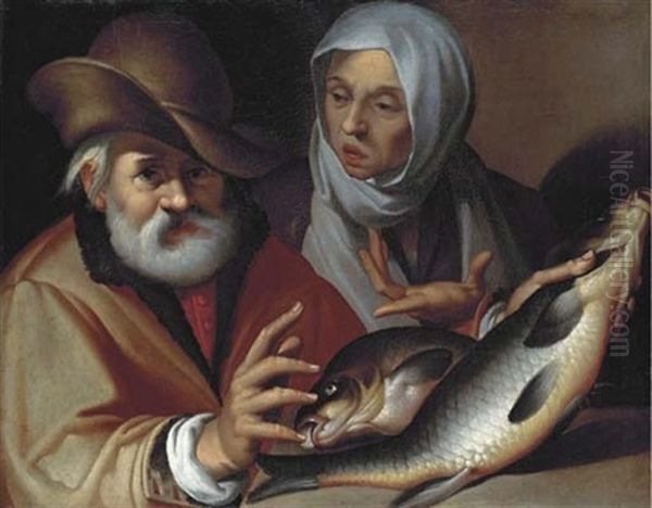 An Old Couple Selling Fish (collab. W/studio Of Passarotti) Oil Painting by Bartolomeo Passarotti