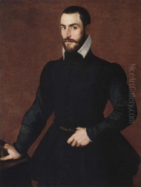 Portrait Of A Gentleman Wearing Black, Holding A Glove In His Right Hand And Resting On A Table Oil Painting by Bartolomeo Passarotti