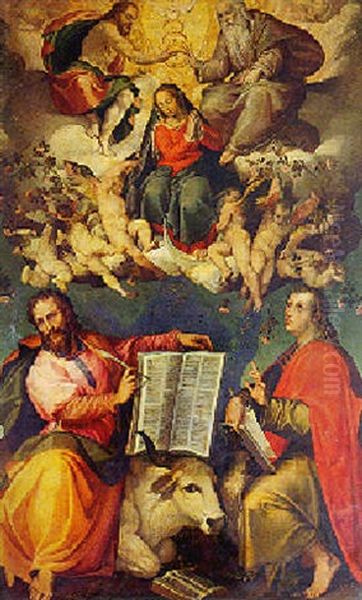 The Coronation Of The Virgin With Saints John The Evangelist And Luke by Bartolomeo Passarotti