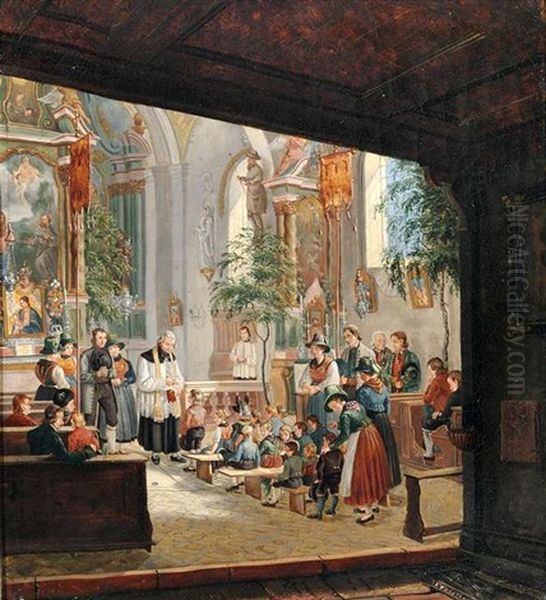 Die Sonntagsschule - Kinderbelehrung Durch Den Herrn Pfarrer Oil Painting by Ludwig Von Passauer