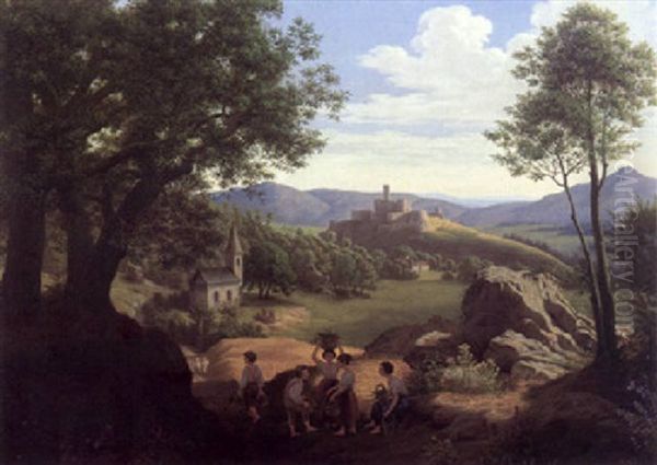 Taunuslandschaft Mit Ruine Konigstein, Vorn Kinder Beim Sammeln Von Eskastanien Oil Painting by Johann David Passavant