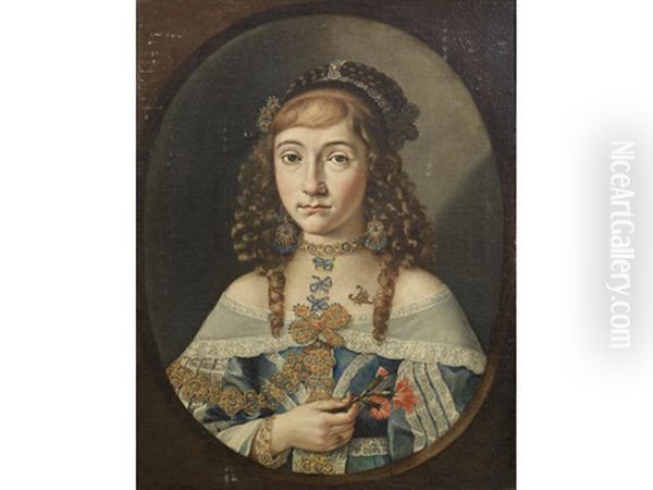 Portrait Of A Young Girl, Possibly From The Molara Family, Bust-length In A Blue Dress And Holding A Carnation, Within A Painted Oval by Giuseppe Passeri