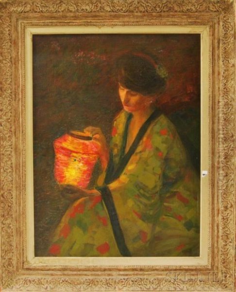 Woman In A Kimono With A Japanese Lantern by Carlo Passigli