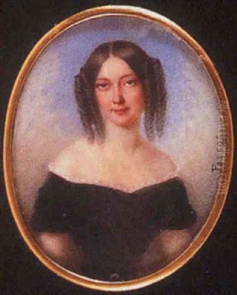 A Lady, Called Madame De Sainte Marie, In Black Dress With White Lace Neckline, Her Brown Hair In Ringlets Oil Painting by Gabriel Aristide Passot