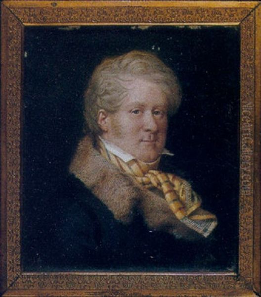 Etienne De Jouy In Blue Coat With Wide Fur Collar, White High-collared Shirt, Multi-coloured Striped Silk Scarf Tied At His Neck Oil Painting by Gabriel Aristide Passot