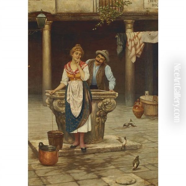 Flirtation By The Fountain Oil Painting by Luigi Pastega