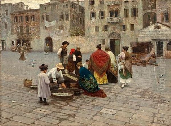 Market Scene Oil Painting by Luigi Pastega