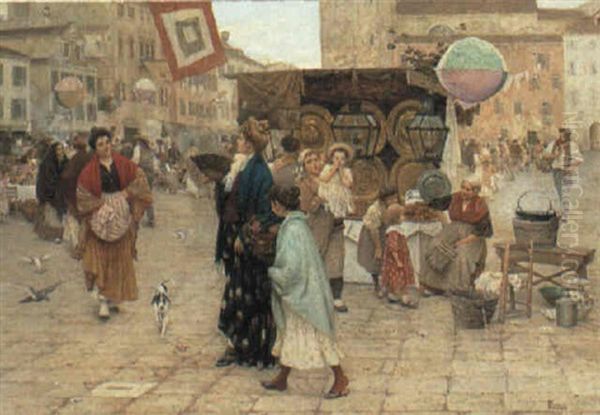 A Busy Piazza Oil Painting by Luigi Pastega