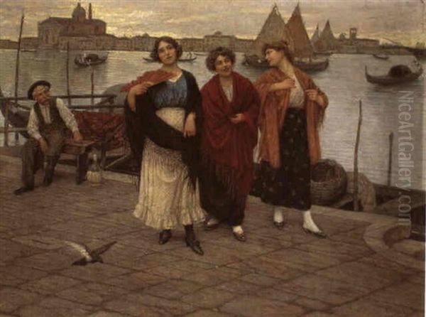 Drei Frauen Am Canale Della Giudecca Oil Painting by Luigi Pastega