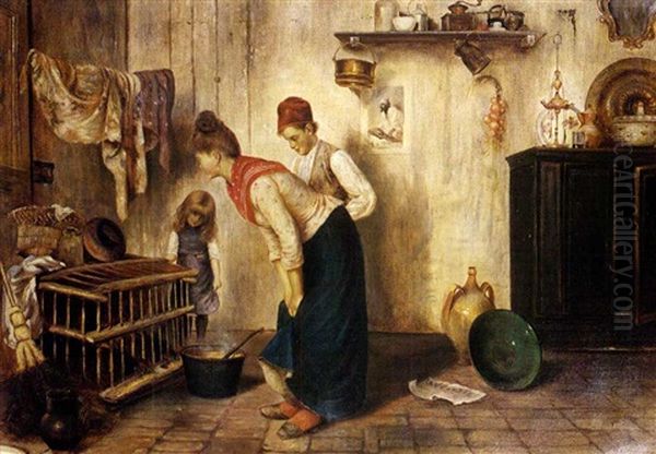 Feeding The Chickens Oil Painting by Luigi Pastega