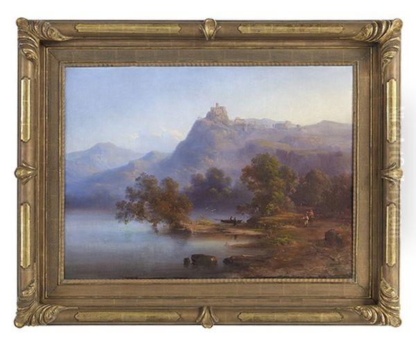 Italian Landscape With Figures On The Shores Of A Lake Oil Painting by Giuseppe Pastina