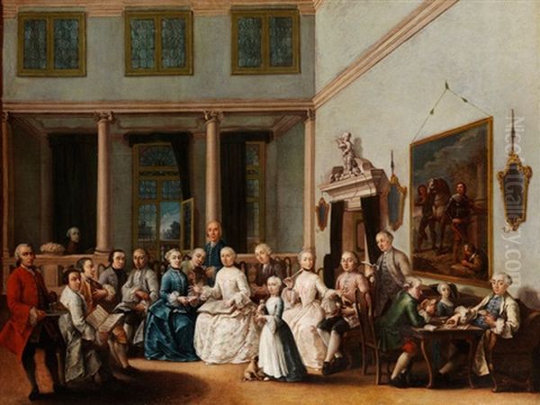 Gruppenportrait Der Theatertruppe Von Bagnoli Im Ballsaal Der Villa Widmann Oil Painting by Andrea Pasto