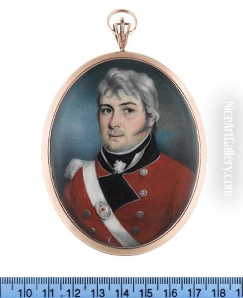 An Officer Of An Auxiliary Infantry, Wearing Red Coat With White Piping To The Black Facings And Standing Collar, Silver Buttons, White Epaulette, White Cross Belt With Oval Gilt-metal Belt Plate Oil Painting by Joseph Pastorini