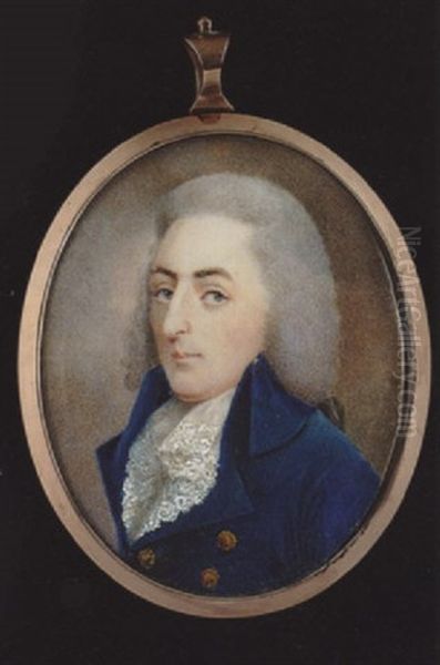 A Gentleman, His Powdered Bag Wig En Queue, Wearing Double-breasted Blue Coat With Gold Buttons And White Lace Cravat Oil Painting by Joseph Pastorini