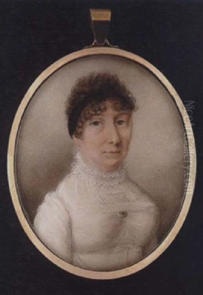 A Lady With Black Bandeau In Her Short Curled Hair, Wearing White Dress With Lace Ruff And Fichu, A Brooch At Her Corsage Oil Painting by Joseph Pastorini