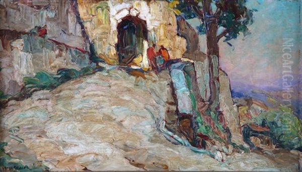 Entree D'un Village Et Dessin (recto-verso) Oil Painting by Louis Pastour