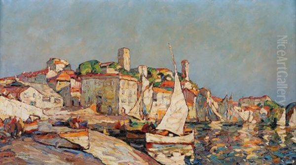 Cannes, Vue Du Port - Voile Blanche Oil Painting by Louis Pastour