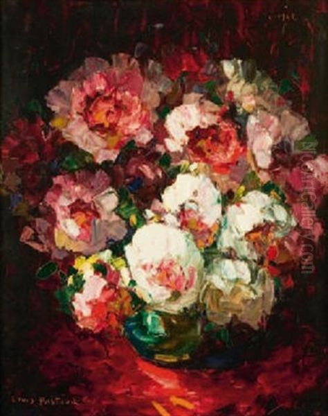 Bouquet D'anemones Sur Fond Rouge Oil Painting by Louis Pastour