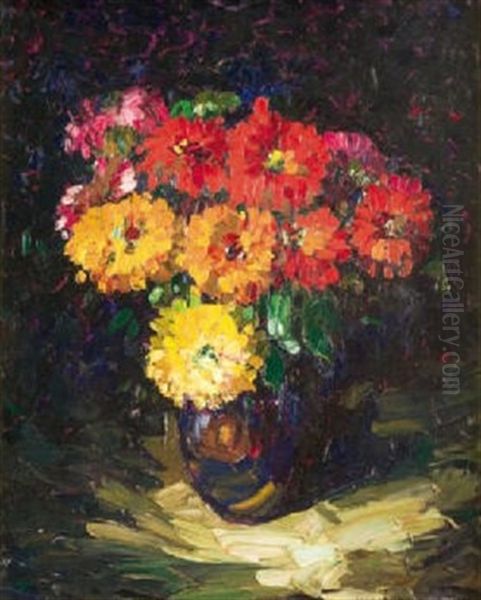 Bouquet D'anemones Sur Fond Noir Oil Painting by Louis Pastour