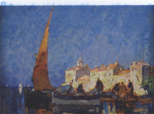 Barques Et Voiliers Devant Les Martigues Oil Painting by Louis Pastour